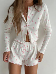 Floral Print Ruffle Ribbed Button Long Sleeve Top & Shorts Pajama Set