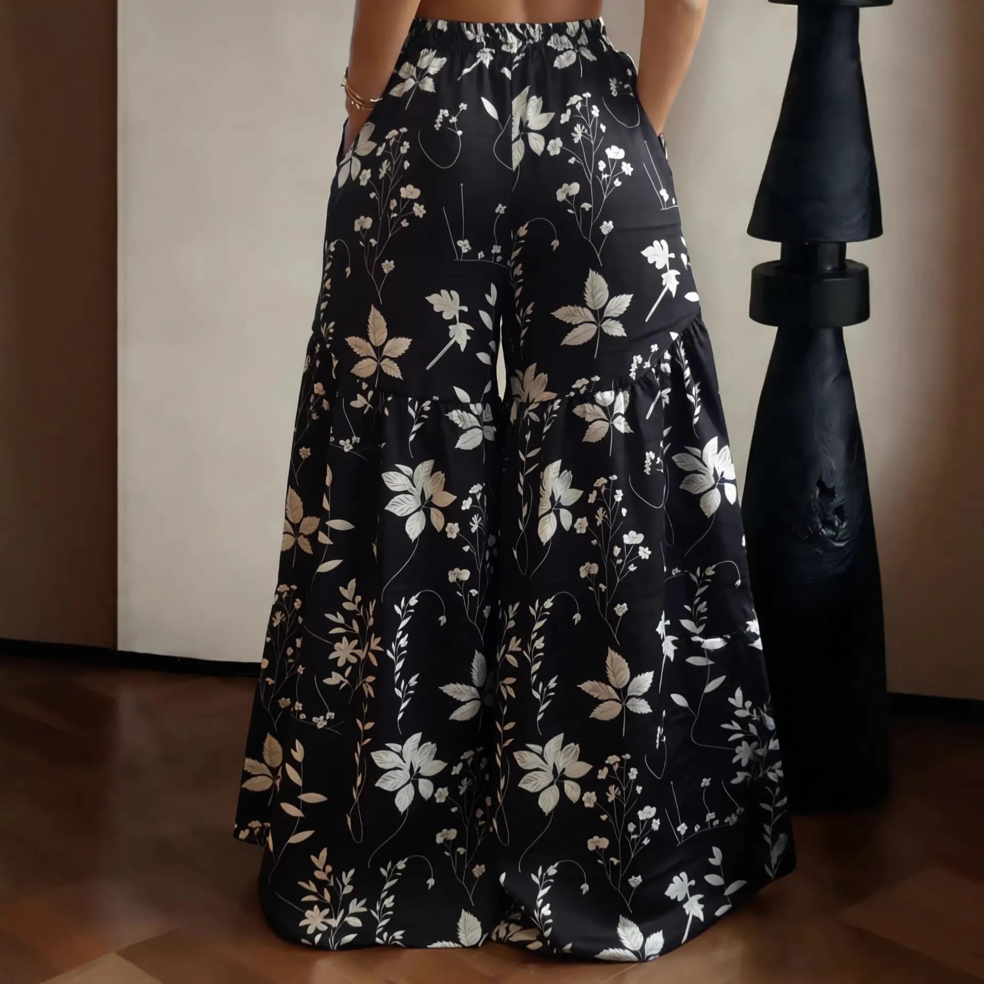 Elastic High Waist Floral Print Ruffle Wide Leg Palazzo Pants