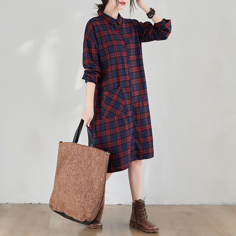 Loose Plaid Cotton Shirt Midi Dress