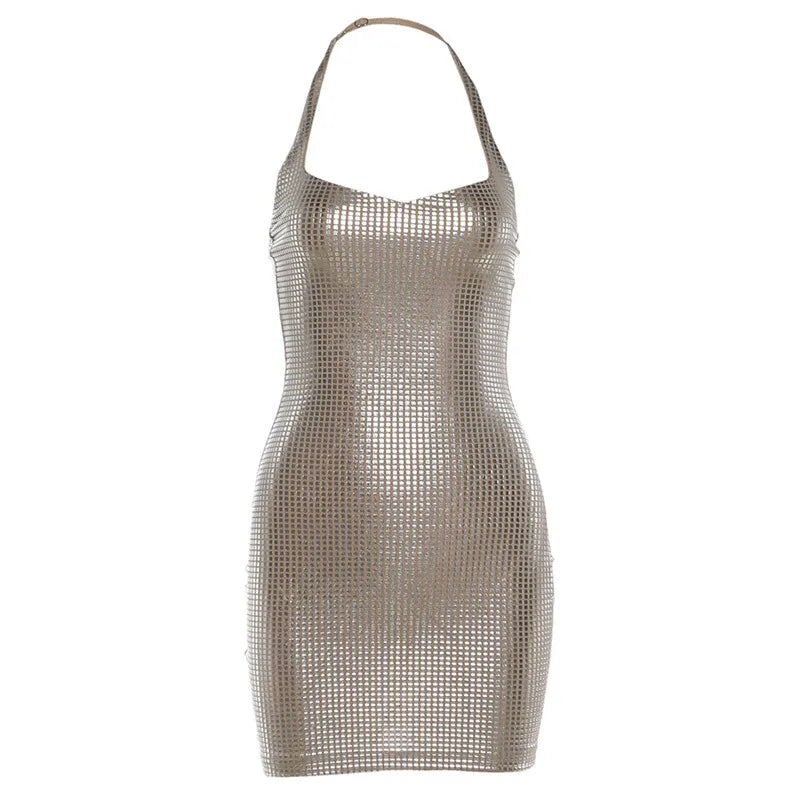 Shiny Metallic Mesh Halter Neck Bodycon Mini Party Dress