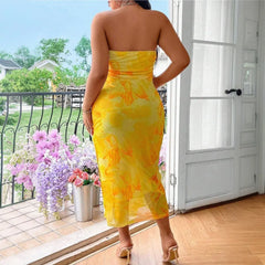 Plus Size Yellow Tie Dye Strapless Dress