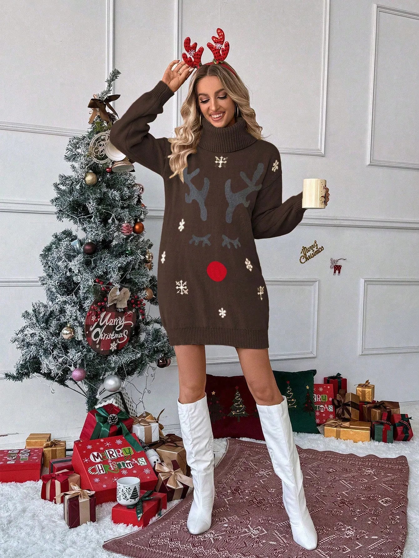 Turtleneck Reindeer Snowflake Christmas Knit Sweater Dress