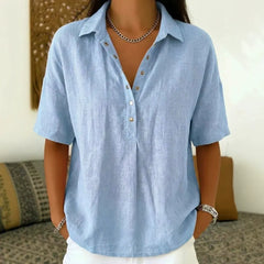 Solid Color Lapel Half-Button Short Sleeve Blouse