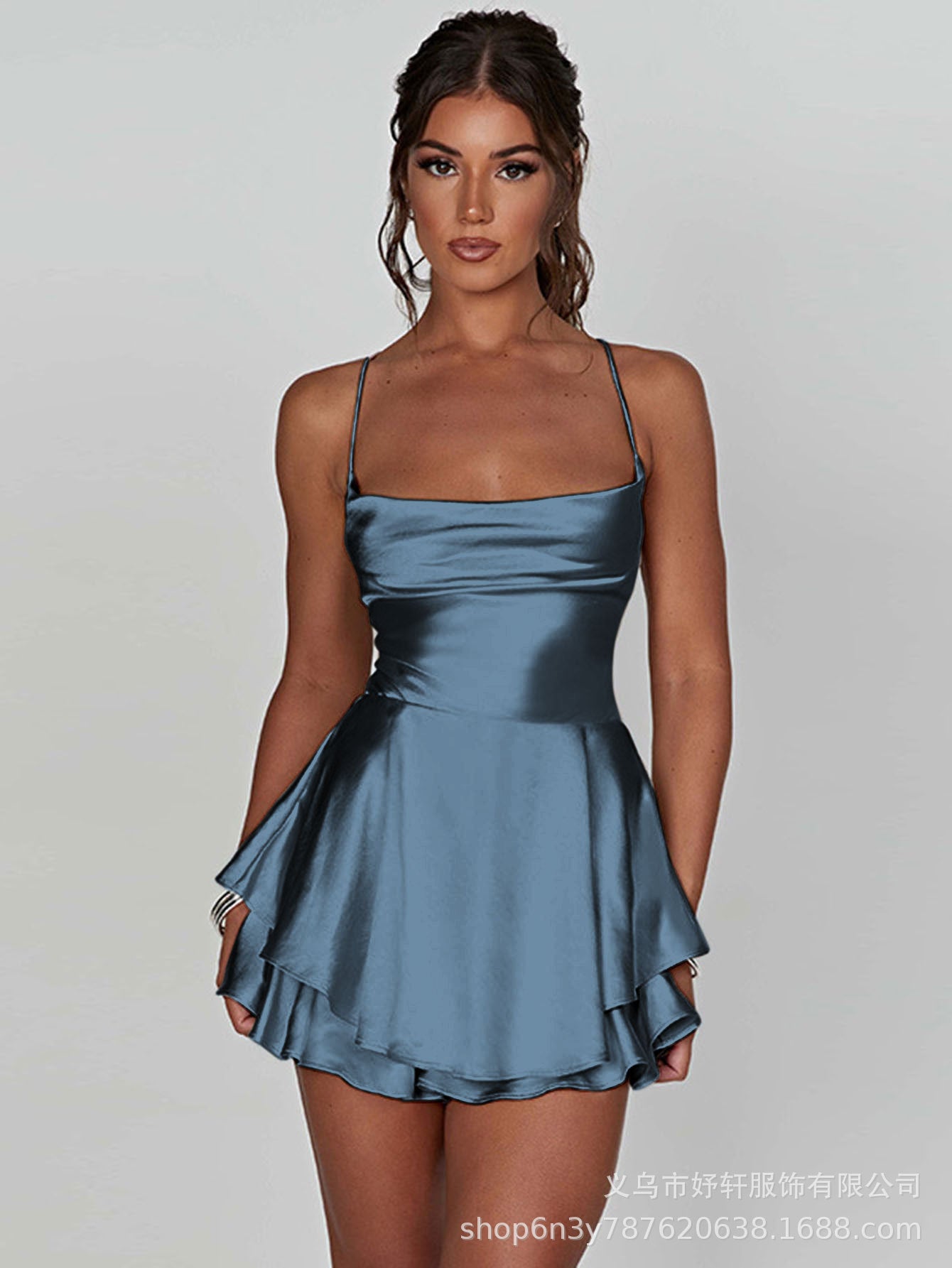 Square Neck Satin Spaghetti Strap Mini Dress
