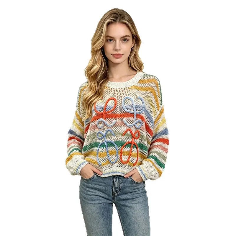 Colorful Stripe Hollow Knit Sweater, 3D Handmade Bow Applique Round Neck Loose Pullover