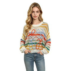 Colorful Stripe Hollow Knit Sweater, 3D Handmade Bow Applique Round Neck Loose Pullover