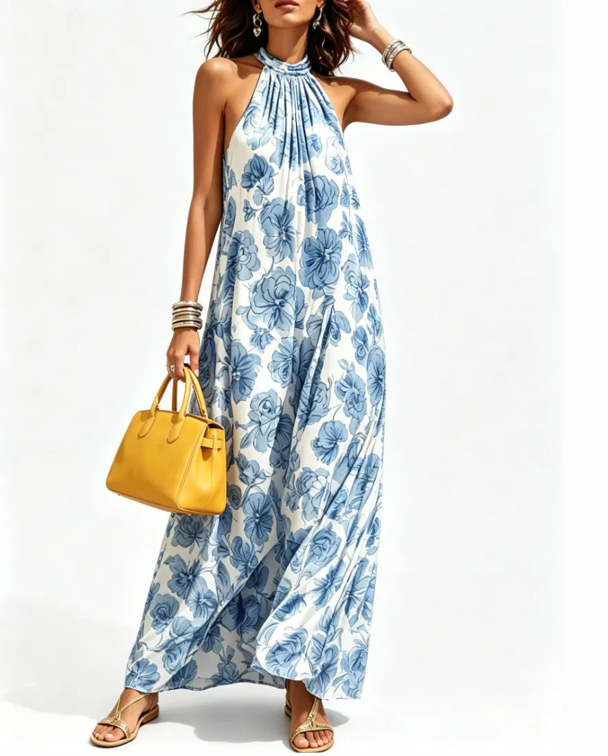 Halter Neck All Over Floral Print Loose Mid Waist Maxi Vacation Dress