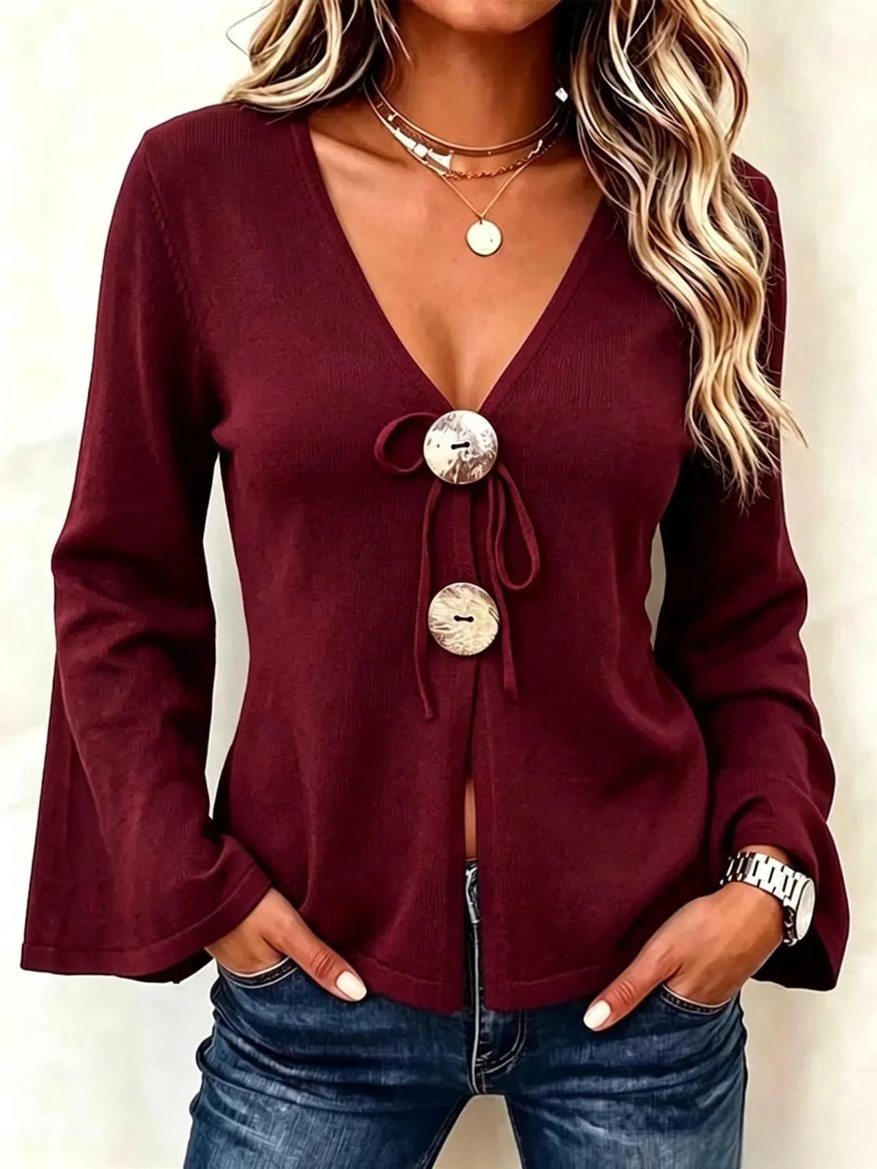 V-Neck Knit Cardigan, Large Button Tie Front Flare Long Sleeve Sweater Top