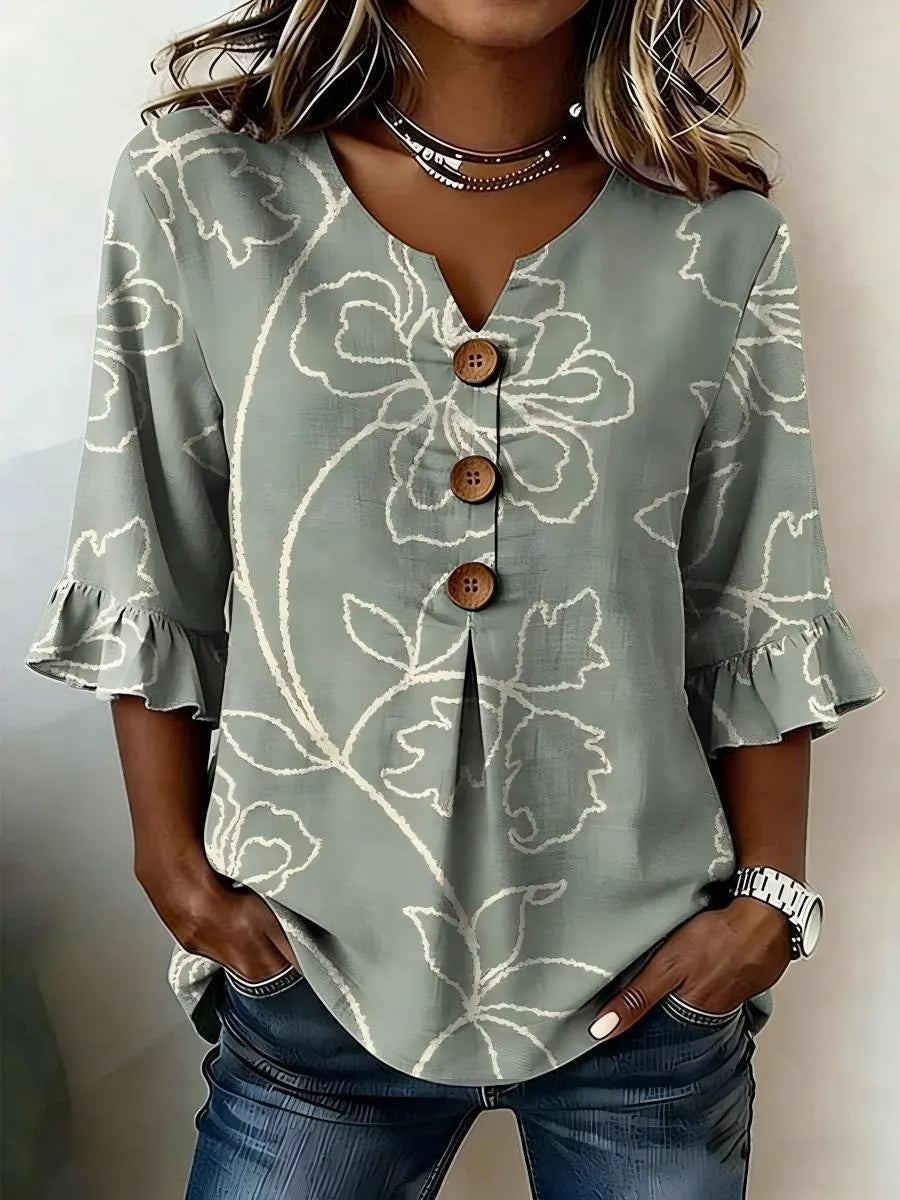 Round Neck Floral Printed Single Breasted 3/4 Ruffle Sleeve Loose Blouse