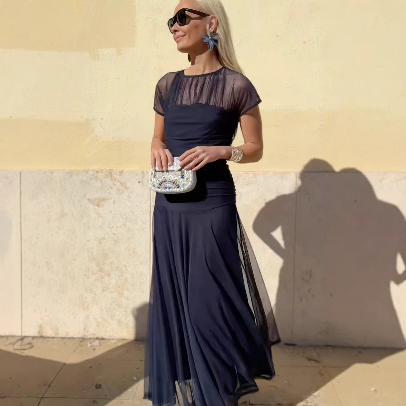 Coral Sheer Mesh Maxi Dress