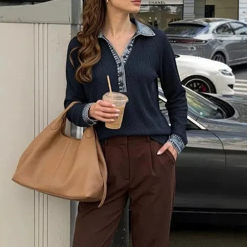 Contrast Denim Trim Half Button V-Neck Long Sleeve Blouse