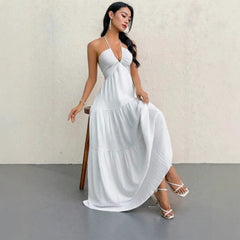 White Halter V-Neck Tiered Maxi Dress