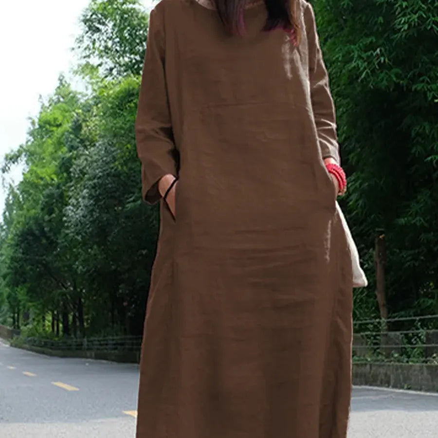 Loose Cotton Linen Round Neck Long Sleeve Maxi Dress Casual Pocket Campus Daily Commuter Dress