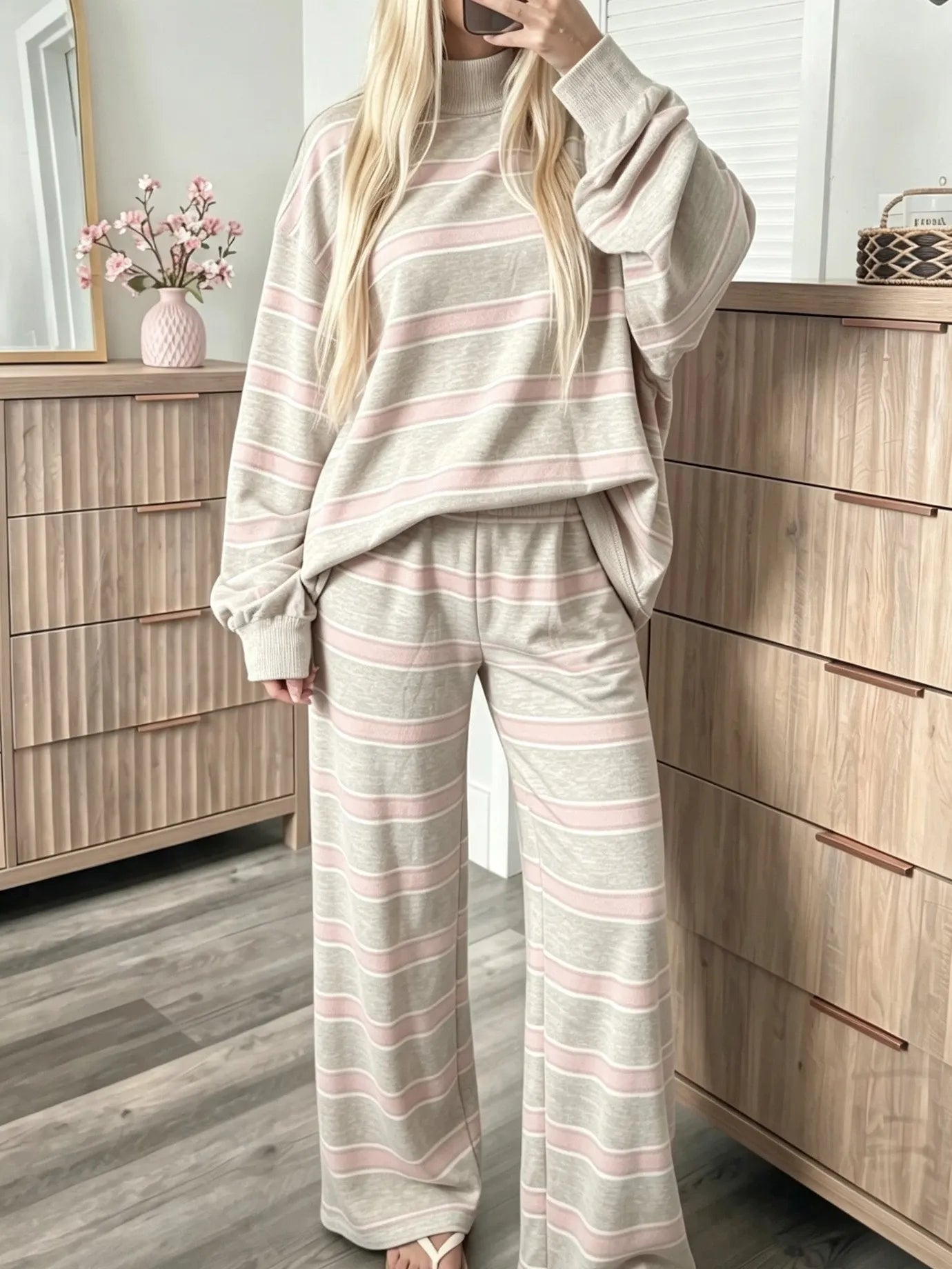 Casual Striped Matching Two Piece Set, Cozy Mock Neck Sweatshirt and Wide Leg Trousers