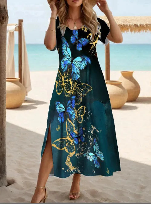 Floral Print Crew Neck Loose Split Maxi Dress