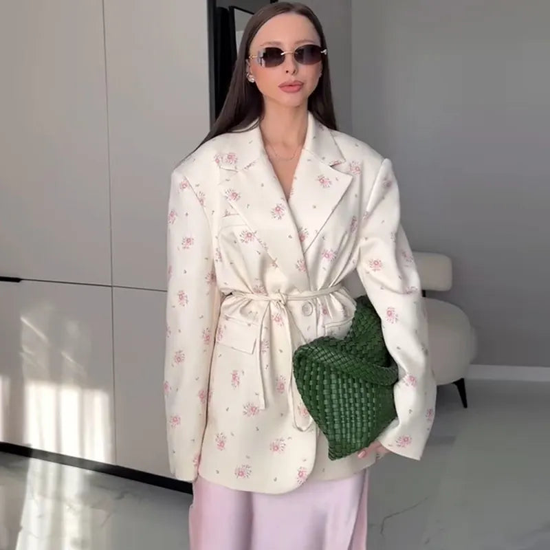 Floral Print Blazer Dress, Long Sleeve Loose Fit Jacket