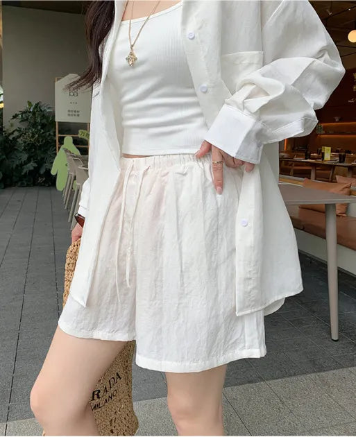Oversized Long Sleeve Shirt Drawstring Shorts / Pants 2 Piece Casual Suit