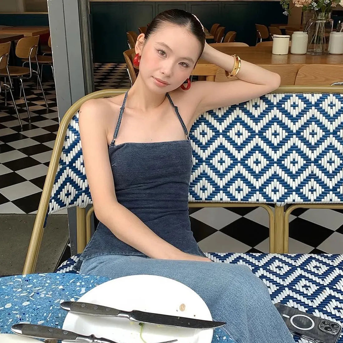 Vintage Washed Denim Halter Square Neck Slim Fitted Tank Top