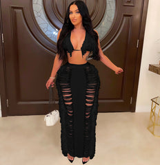 Black Fringe Halter Crop Top & High Waist Slit Maxi Skirt Two Piece Set