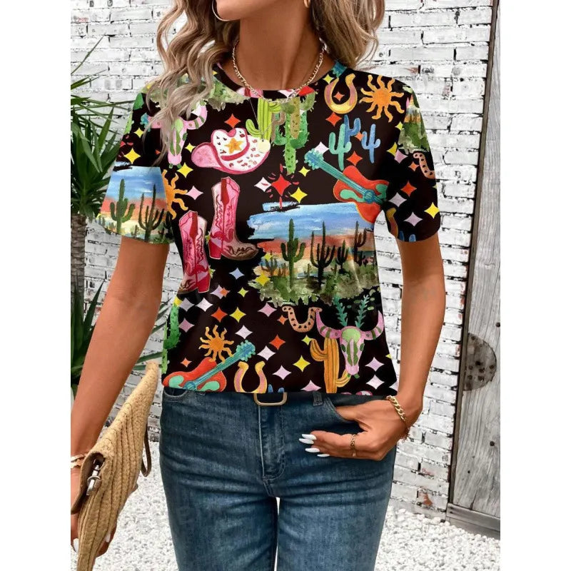 Halloween Western Cowboy Cactus Print Crew Neck Short Sleeve T‑Shirt