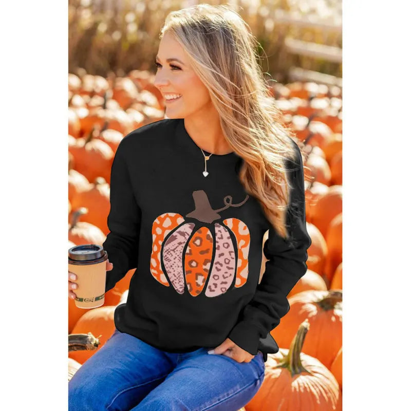 Halloween Leopard Pumpkin Print Crew Neck Sweatshirt