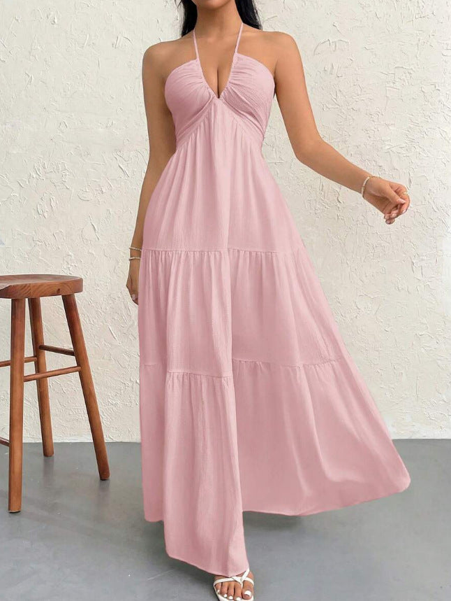 White Halter V-Neck Tiered Maxi Dress
