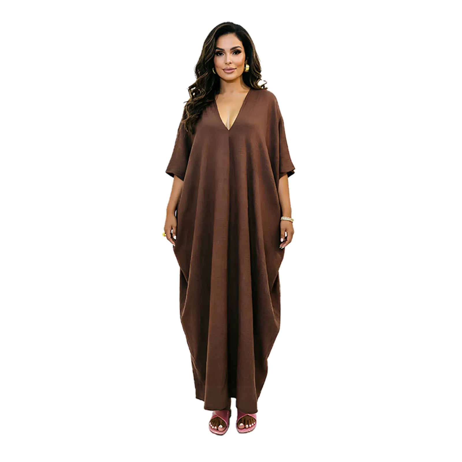 Deep V Neck Batwing Sleeve Loose Cotton Linen Maxi Kaftan Dress
