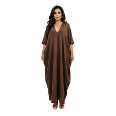Deep V Neck Batwing Sleeve Loose Cotton Linen Maxi Kaftan Dress