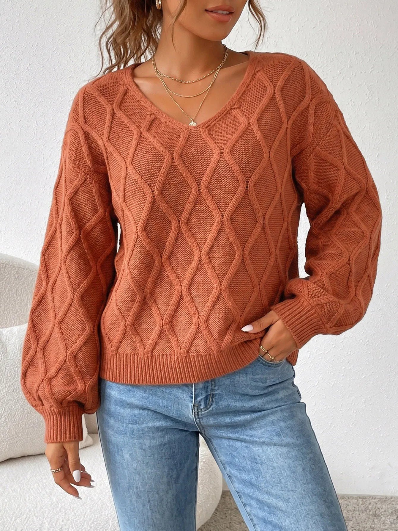 Terracotta V Neck Cable Knit Sweater Long Sleeve Loose Diamond Textured Pullover