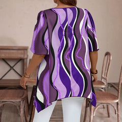 Round Neck Mid-Sleeve Abstract Wave Print Irregular Hanky Hem Loose Plus Size Tunic Top