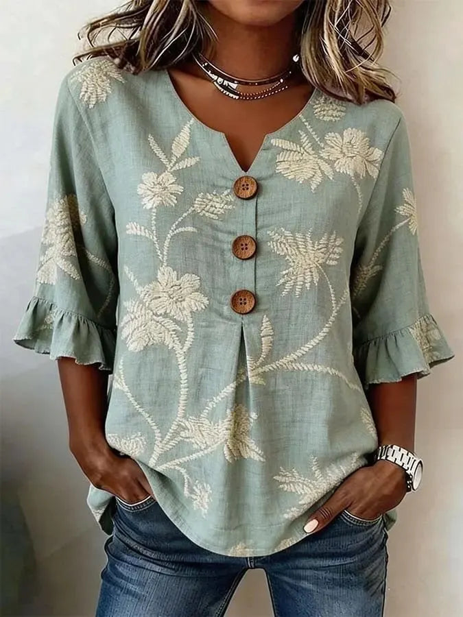 Round Neck Floral Printed Single Breasted 3/4 Ruffle Sleeve Loose Blouse