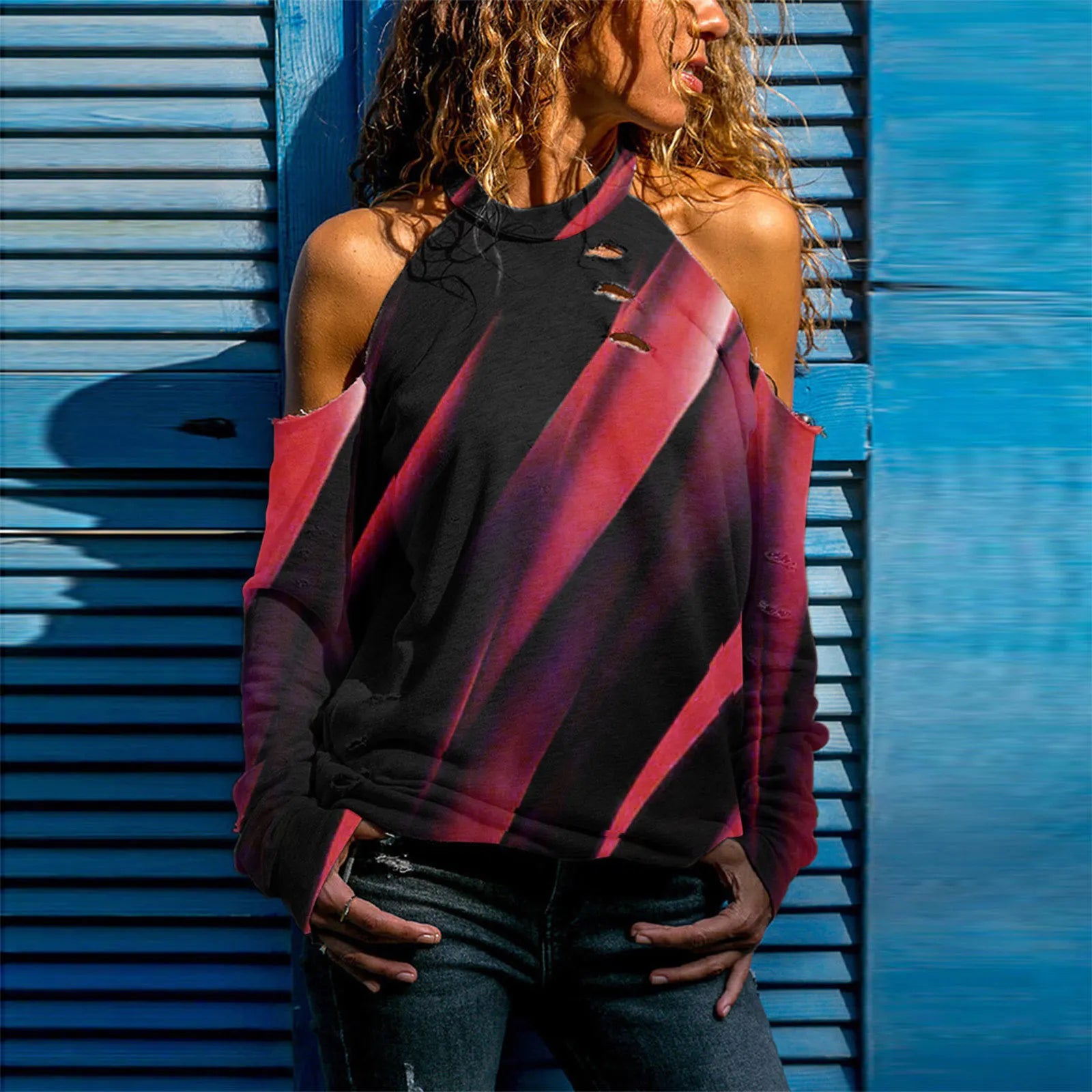 Halloween Skull Print Cold Shoulder Distressed Sweatshirt