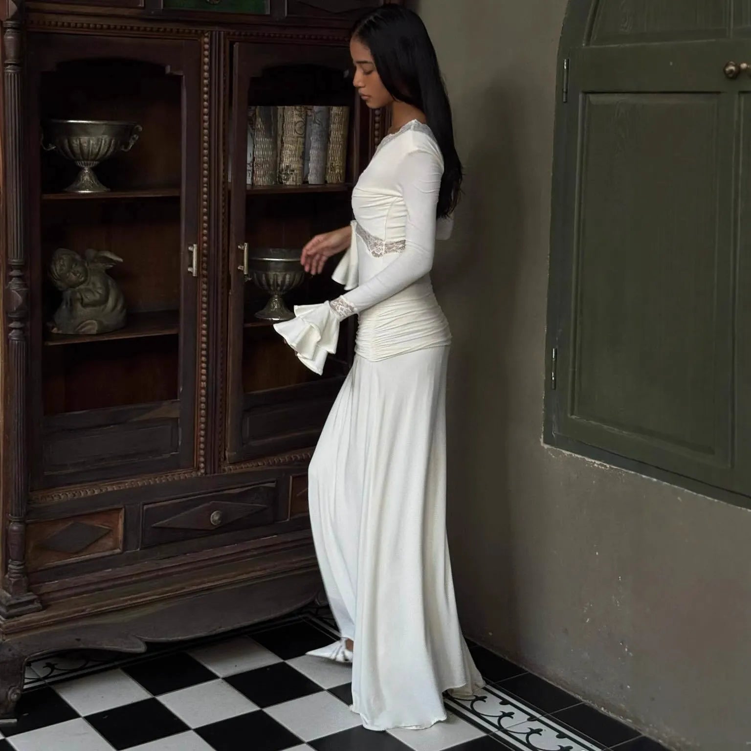 White Lace Maxi Dress, V-Neck Bell Sleeve Bodycon Bridal Gown