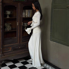 White Lace Maxi Dress, V-Neck Bell Sleeve Bodycon Bridal Gown