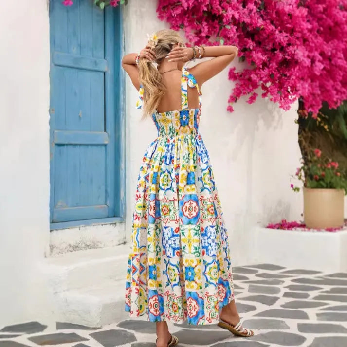 Tie Bow Spaghetti Strap Allover Mediterranean Floral Print Elastic Waist Flowy Midi Dress