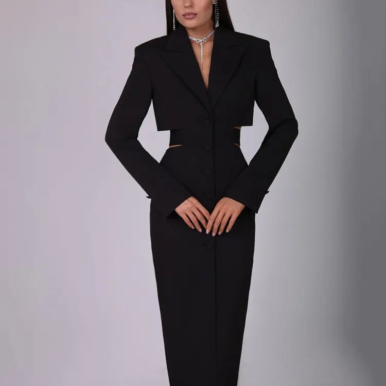 Sleek White Cutout Blazer Midi Dress with Button Front