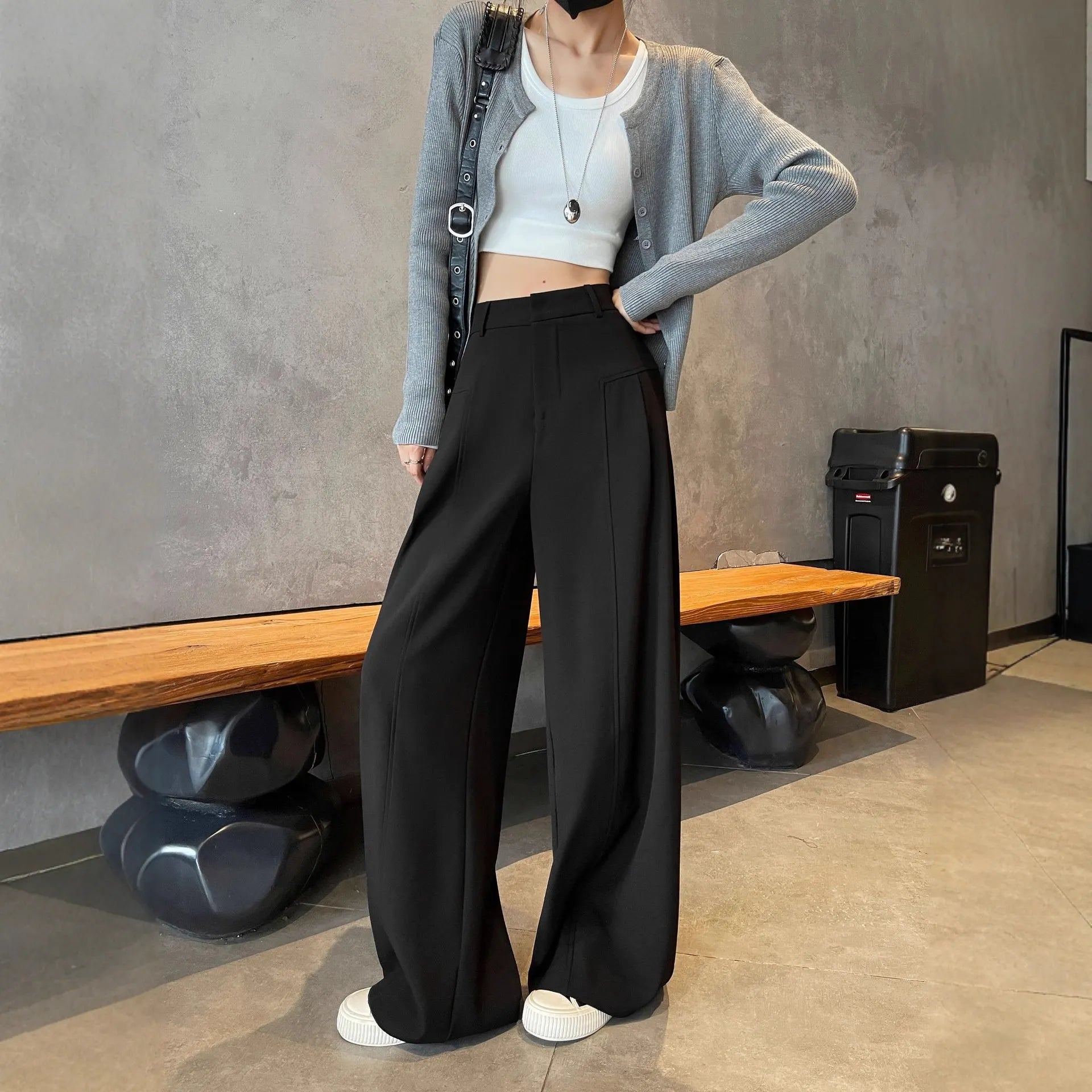 Matching Flowy Linen Look Mid Waist Pleated Wide Leg Straight Commuter Casual Long Pants