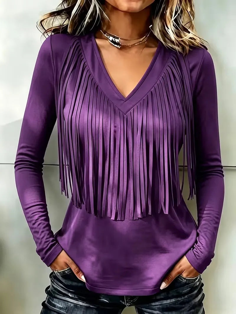 Country Style Fringed V Neck Shirt, Solid Burgundy Long Sleeve Slim Fit Western Cowboy Top