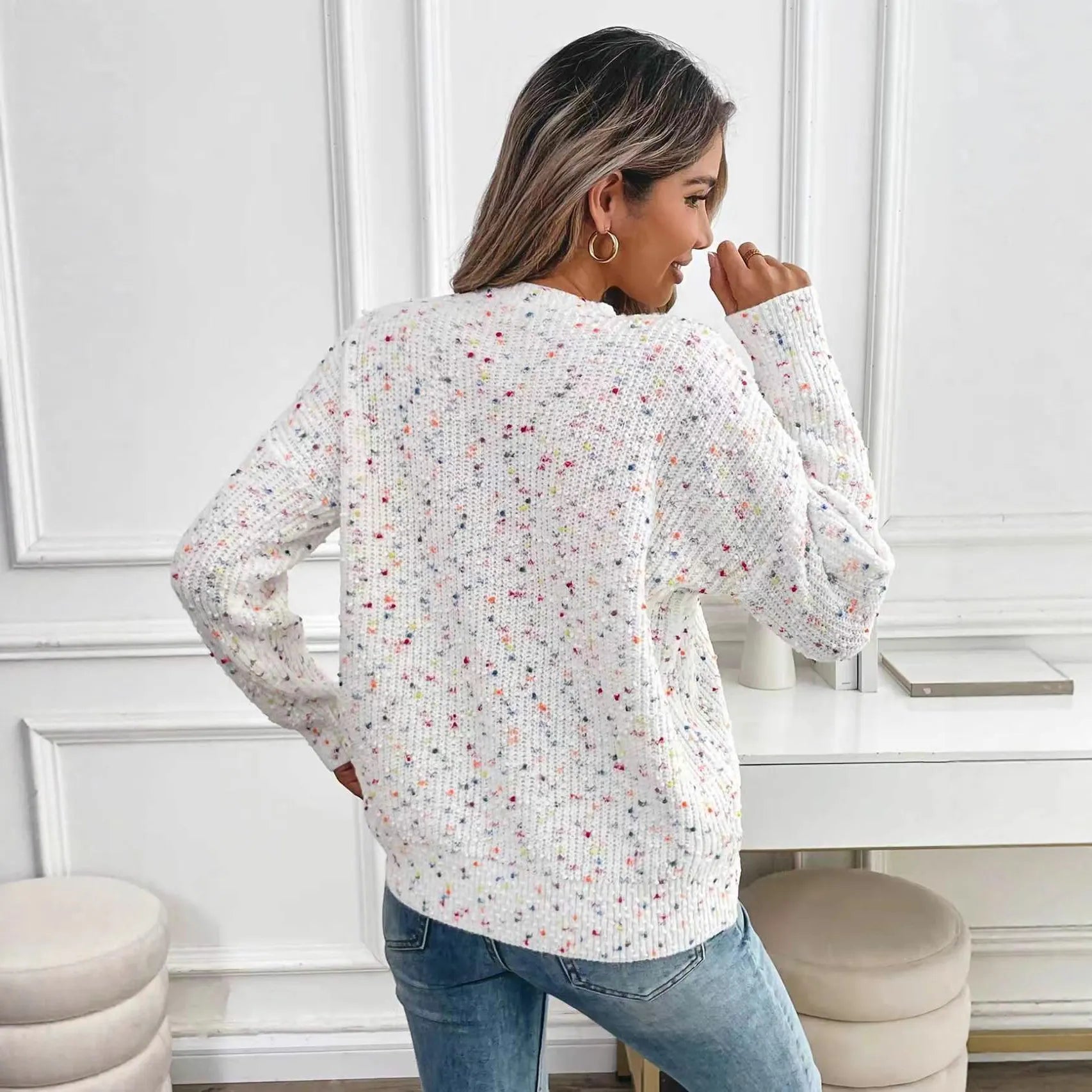 White Confetti Dot Knit Jumper, Relaxed Fit Round Neck Sweater