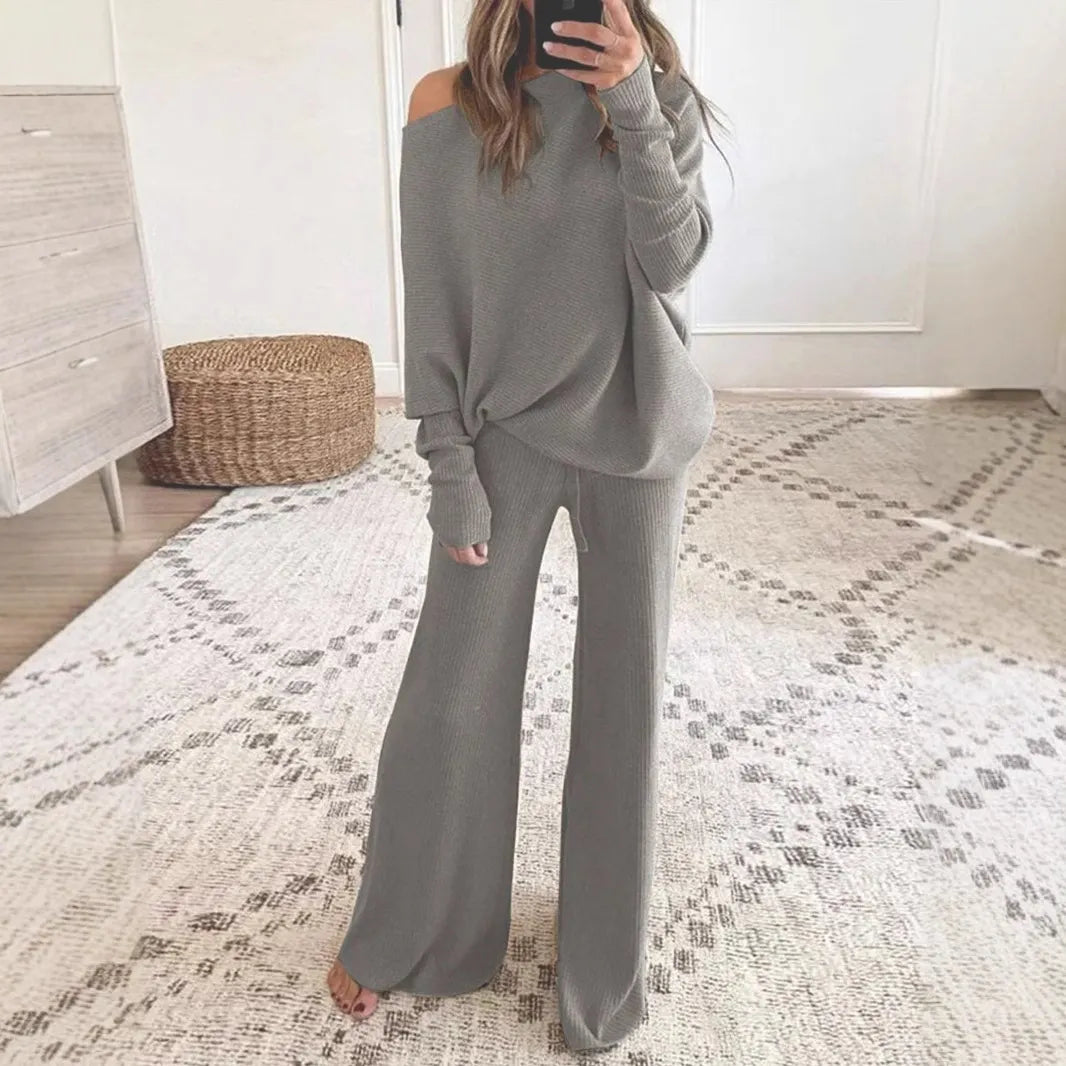 Waffle Knit Off Shoulder Oversized Top Wide Leg Pants Loungewear Set