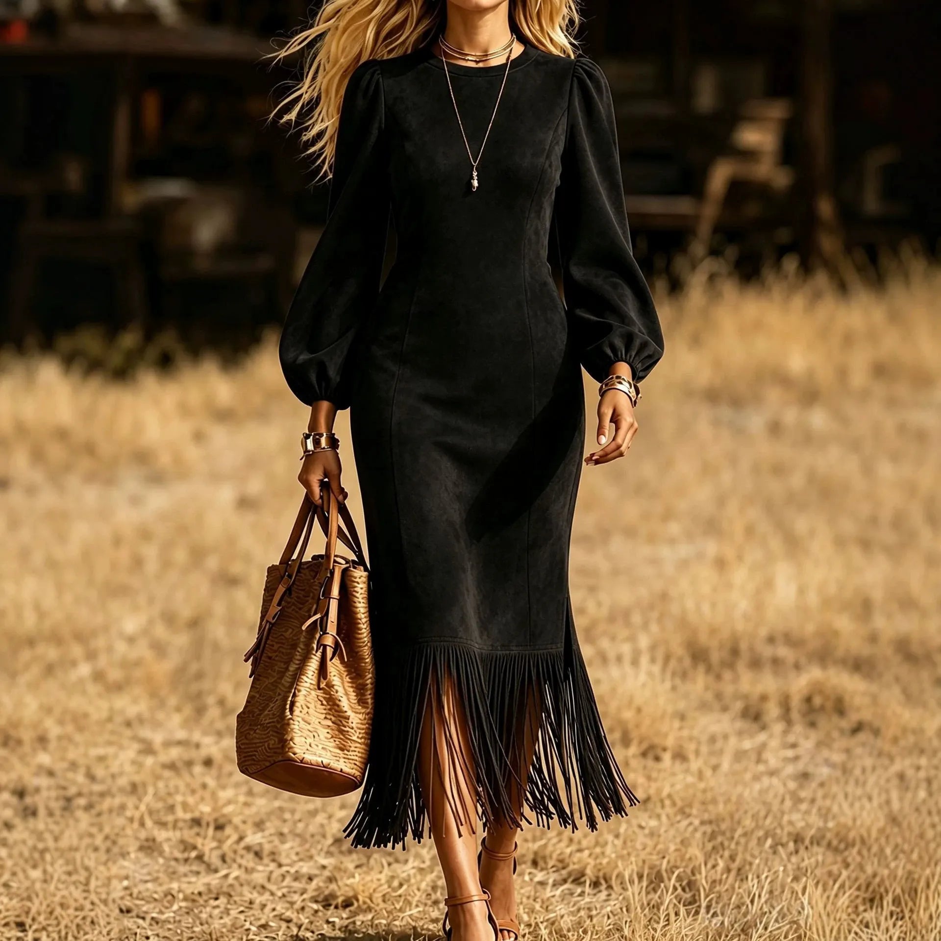 Fall Western Style Burgundy Faux Suede Dress Puff Sleeve Fringe Trim Side Slit Midi Dress for Women