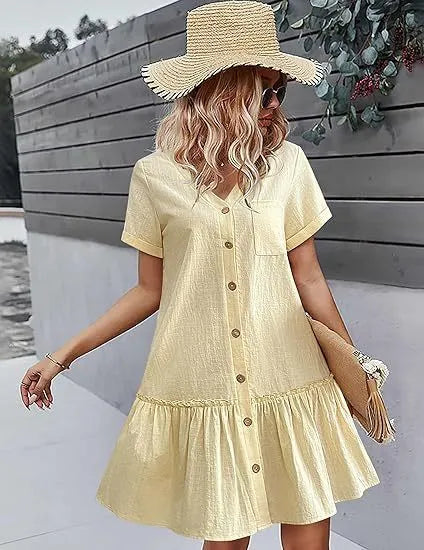 V Neck Short Sleeve Button Down Ruffle Hem Midi Dress