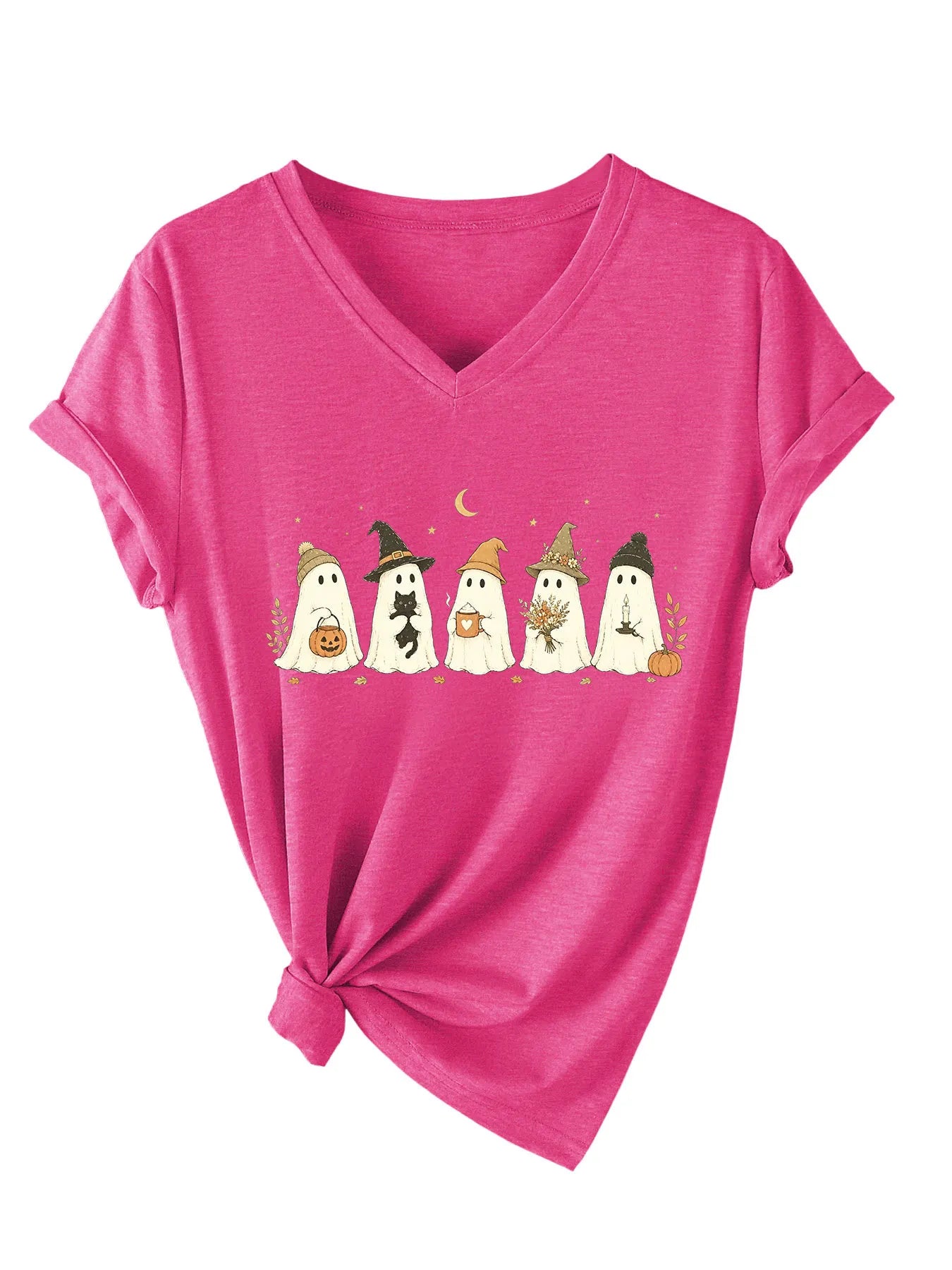 Cute Fall Ghosts Halloween V‑Neck T‑Shirt