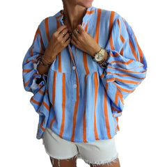 Striped Button-Down Bubble Sleeve Blouse
