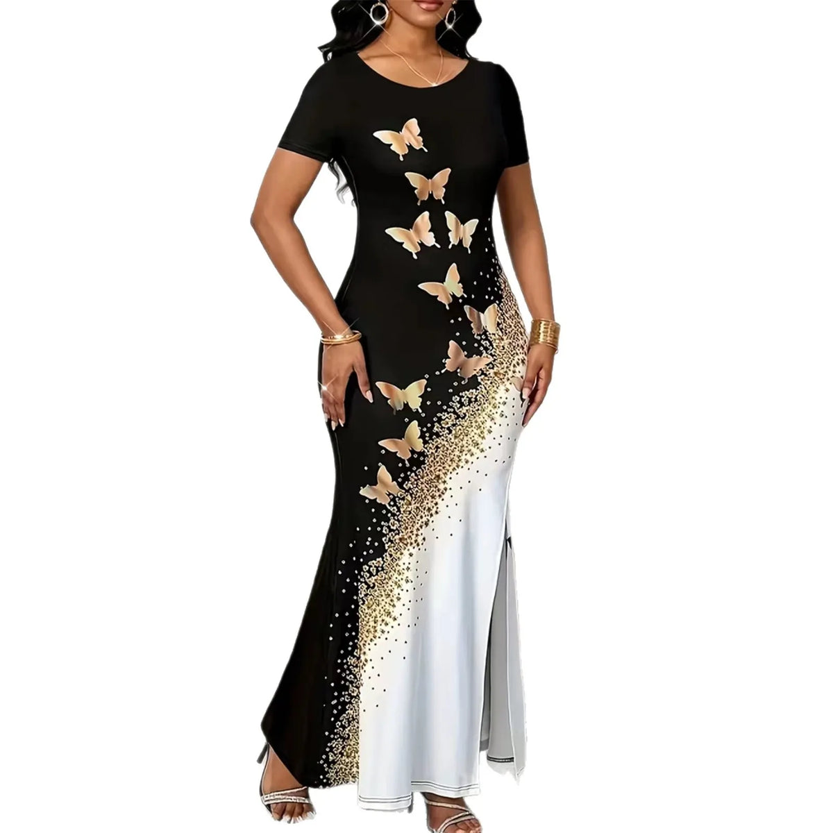 Round Neck Short Sleeve Butterfly Print Side Slit Elegant Maxi Dress