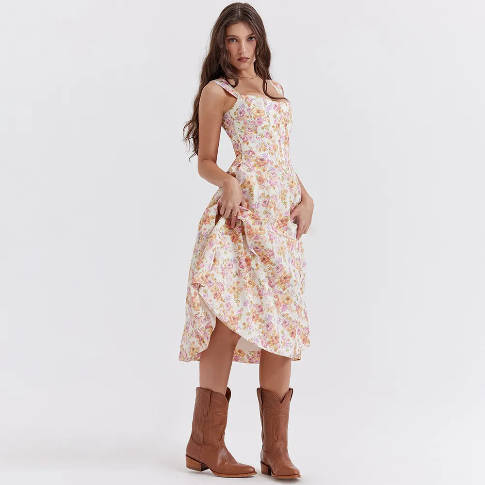 Floral Print Corset Midi Dress