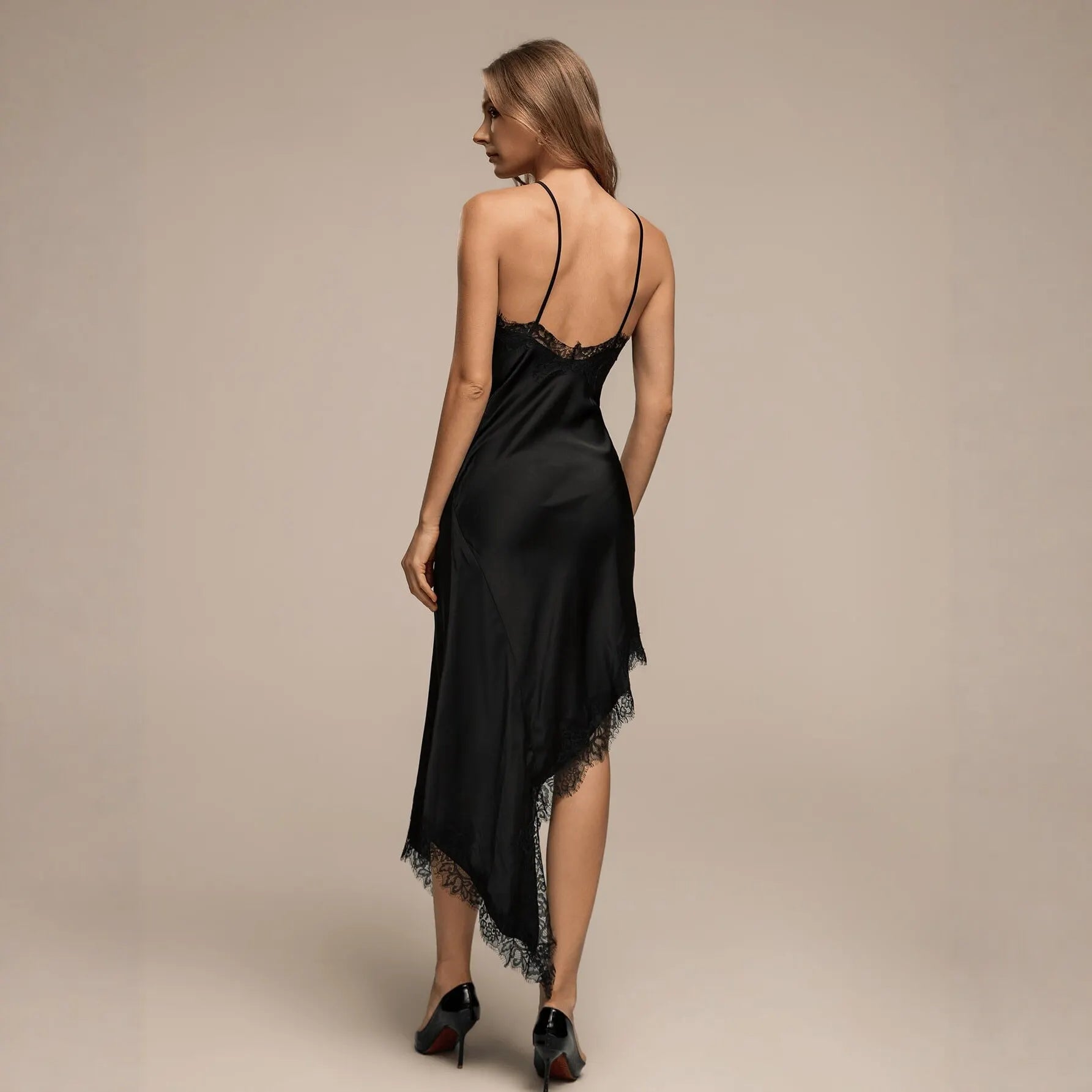 Solid Halter Cross Strap Lace Trim Open Back Irregular Midi Dress