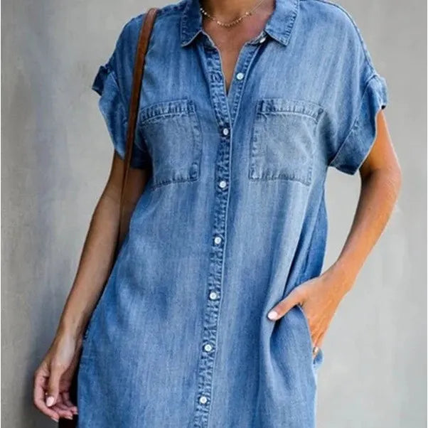 Light Blue Button Front Denim Shirt Dress
