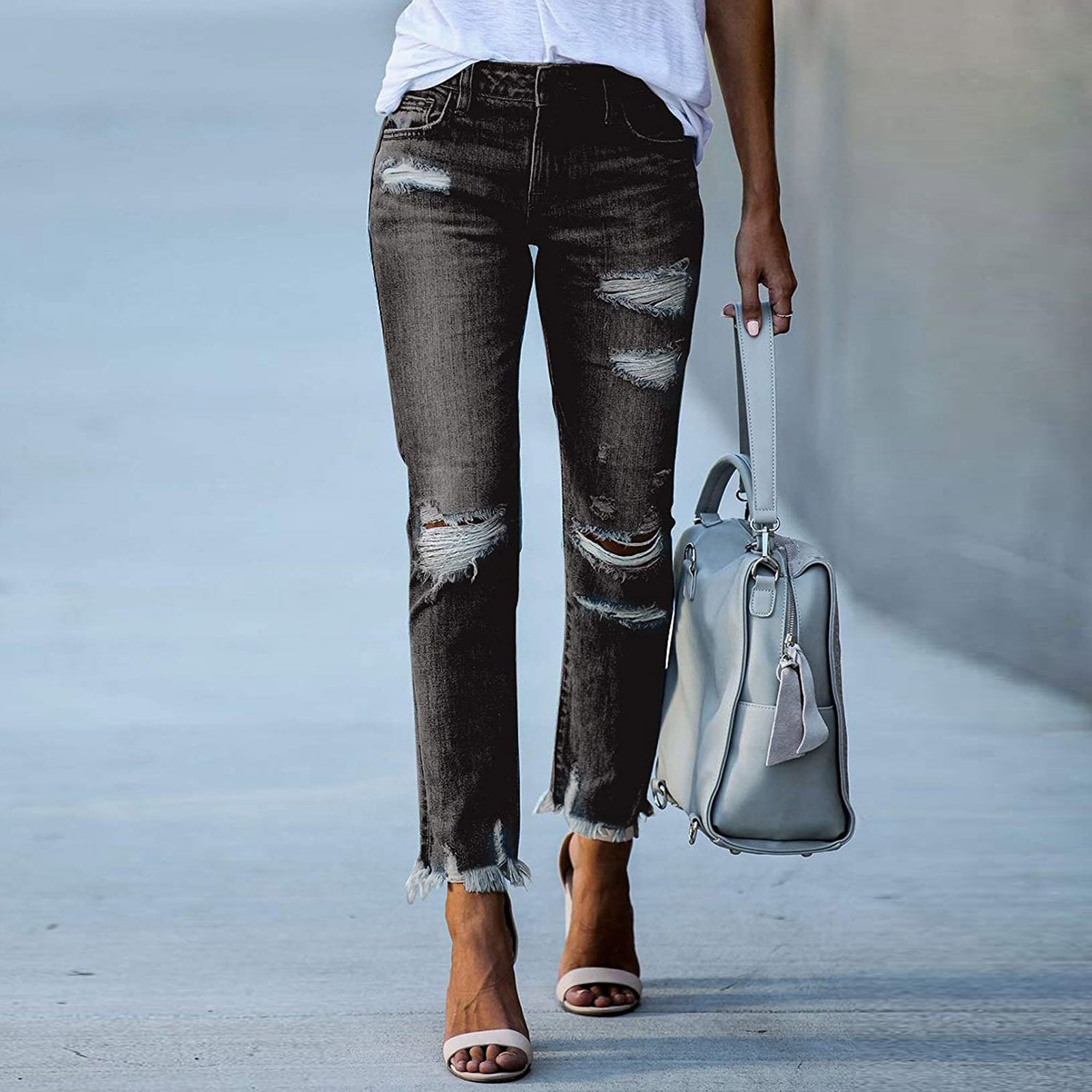 Black Distressed Ripped Cropped Jeans