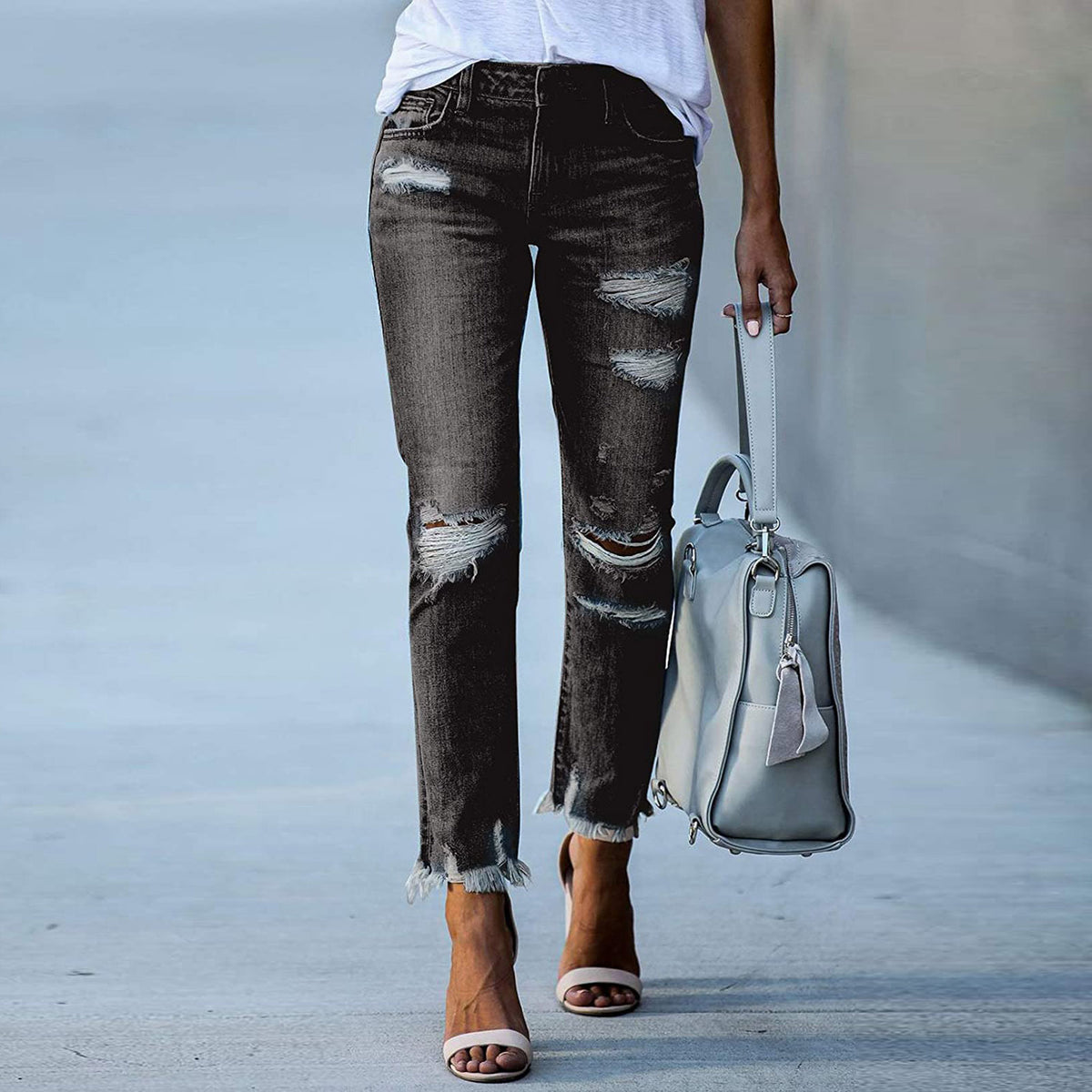 Black Distressed Ripped Cropped Jeans